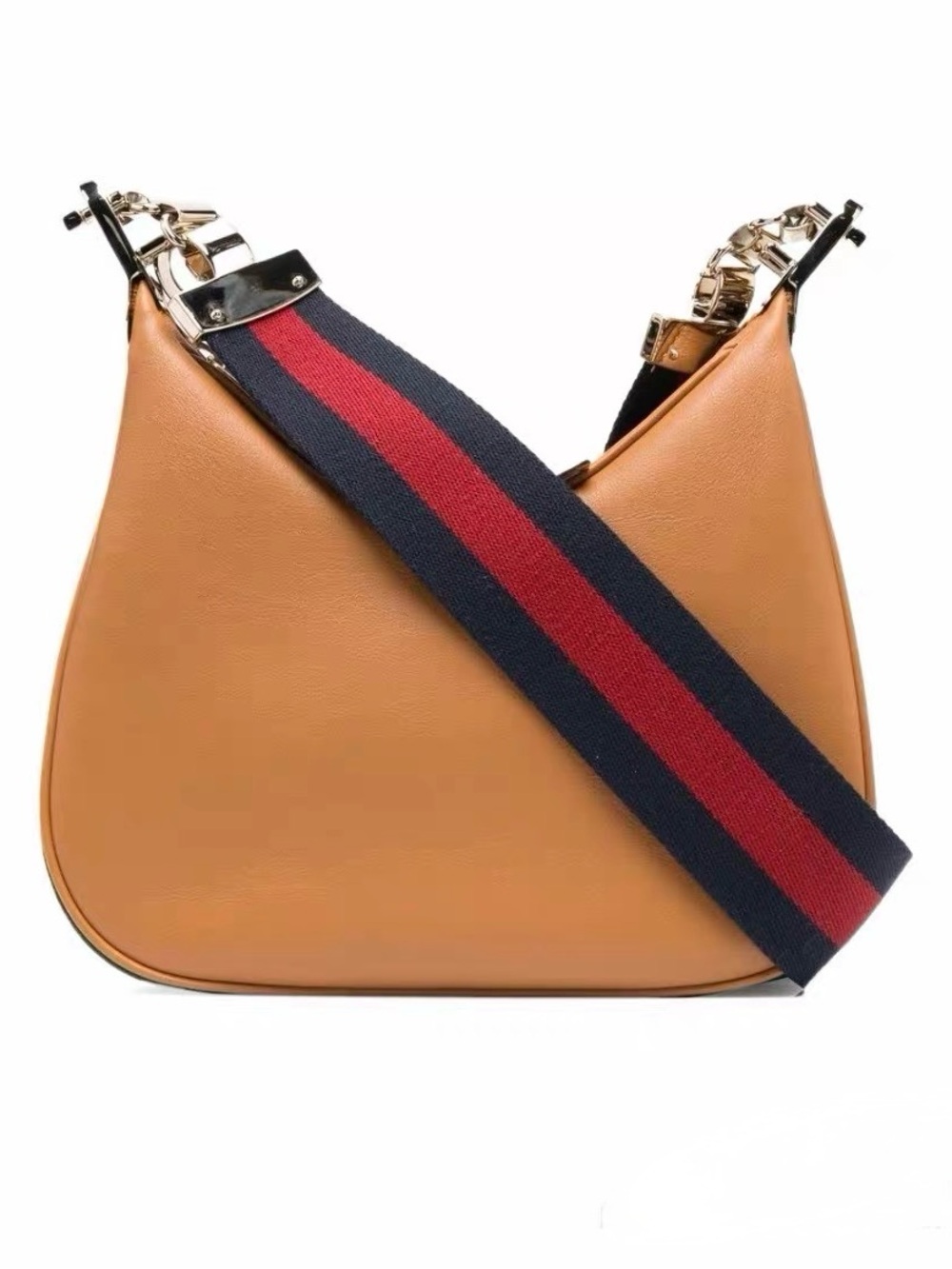 Leather Hobo Shoulder Bag with Navy & Red Webbing Strap - Tan